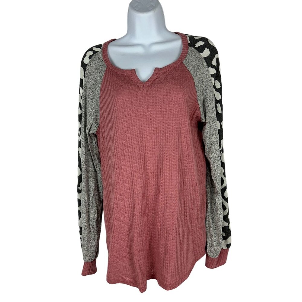 Pink Lily Women's Waffle Knit Raglan Top With Leopard Print Sleeves Size M